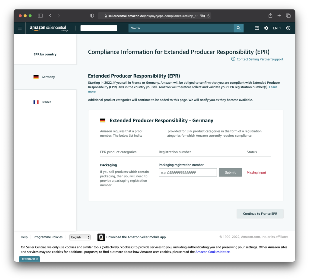EPR-Compliance Portal view in Amazon Sellercentral