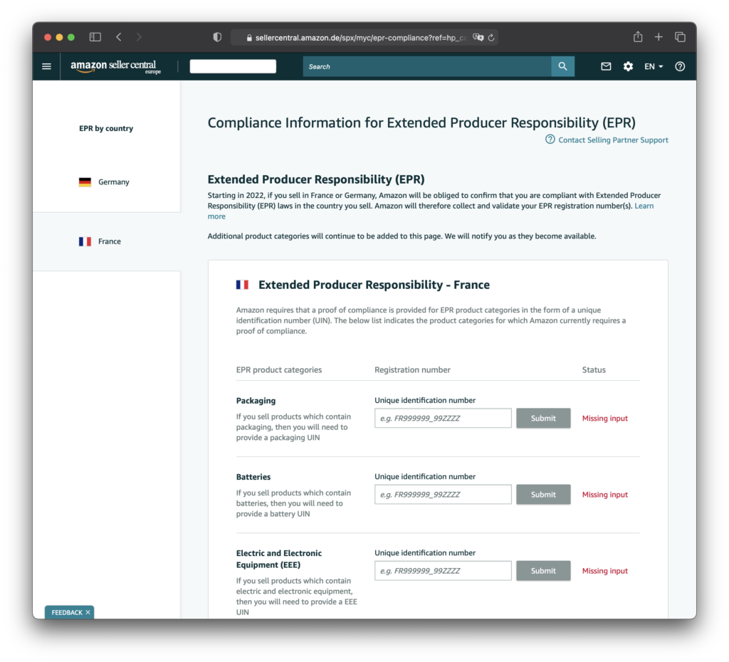EPR-Compliance Portal view in Amazon Sellercentral
