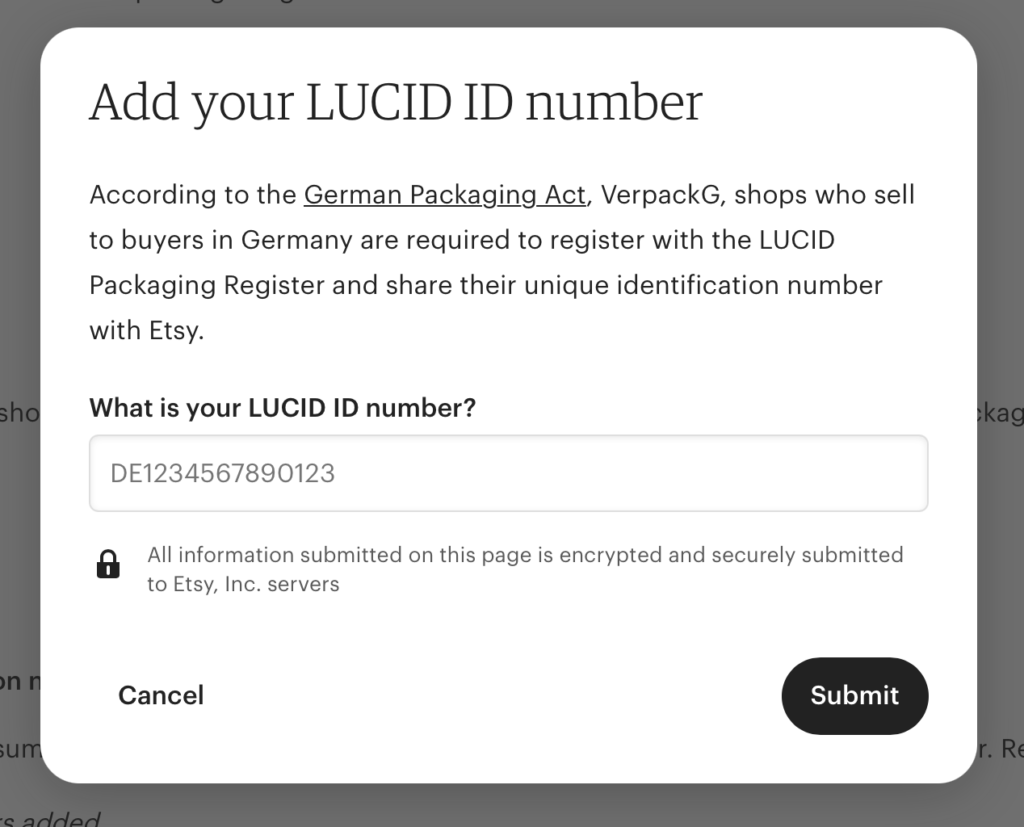 Add LUCID registration number on Etsy