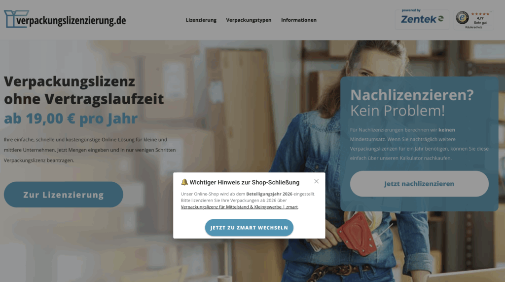 Zmart Service Verpackungslizenzierung.de wird eingestellt