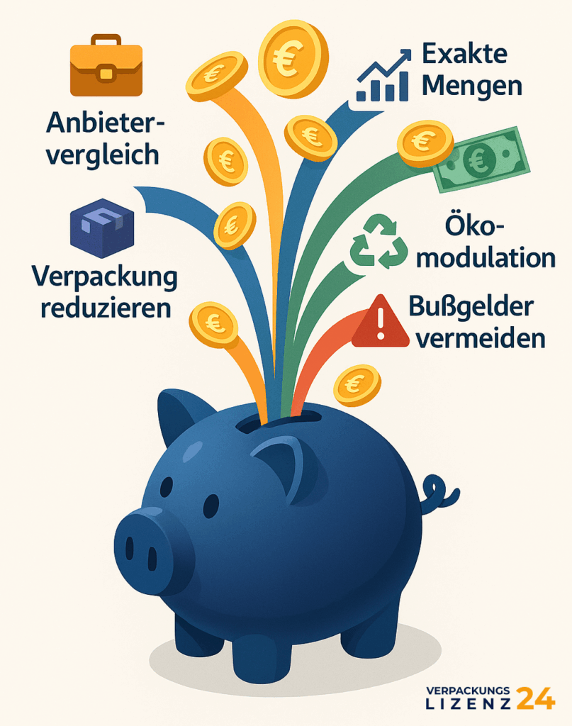 Infografik zeigt 5 Spartipps für die Verpackungslizenz mit Sparschwein und Sparpotenzial bis zu 40 Prozent
