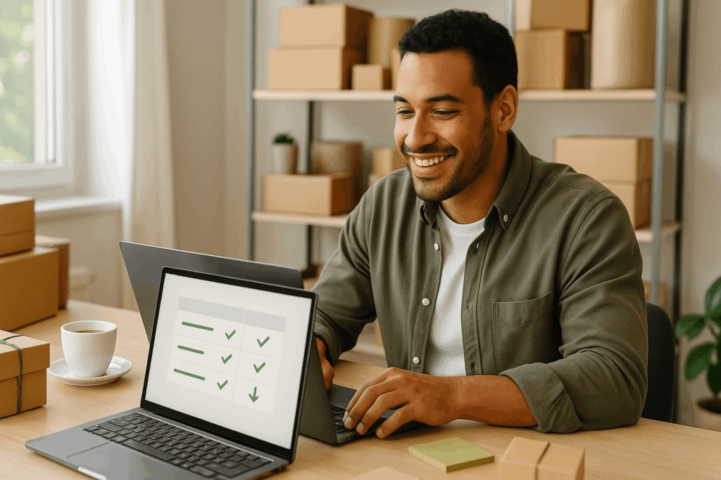 Unternehmer spart Kosten bei der Verpackungslizenz durch Anbietervergleich am Laptop