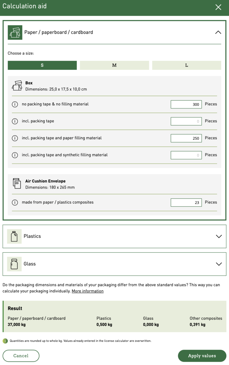 Grüner Punkt Berechnungshilfe