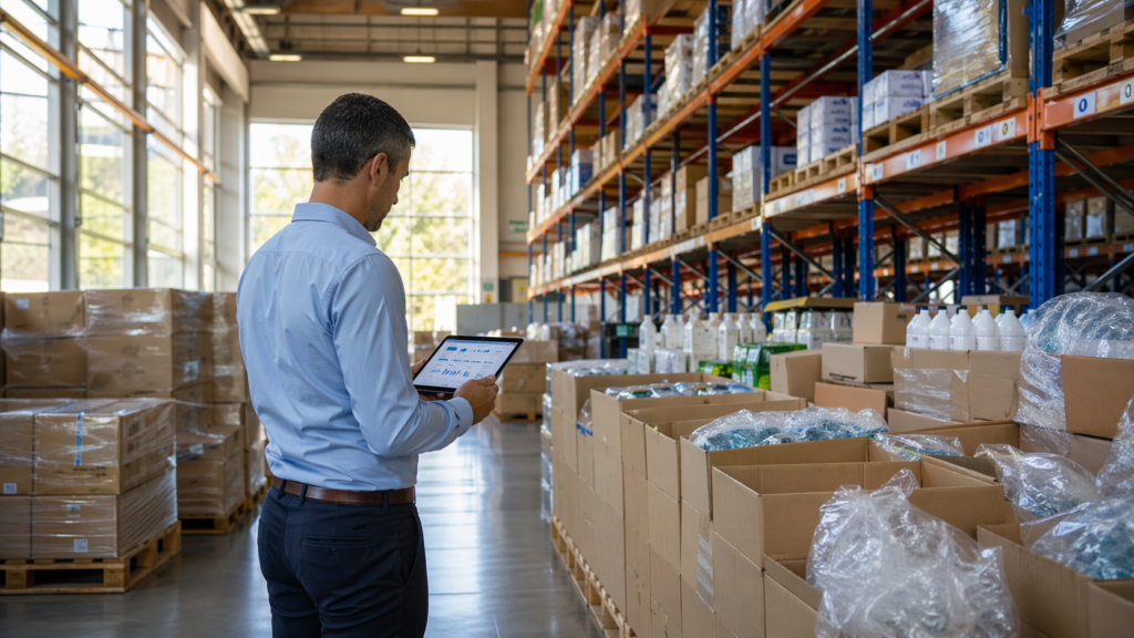 Man with a tablet checking stock in a warehouse